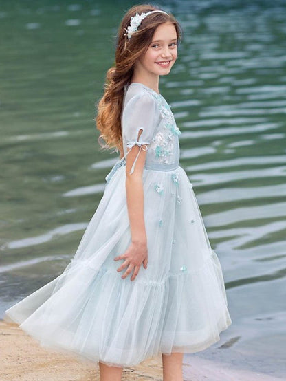 Half Sleeve A-Line Flower Girl Dress with Tulle and Appliques