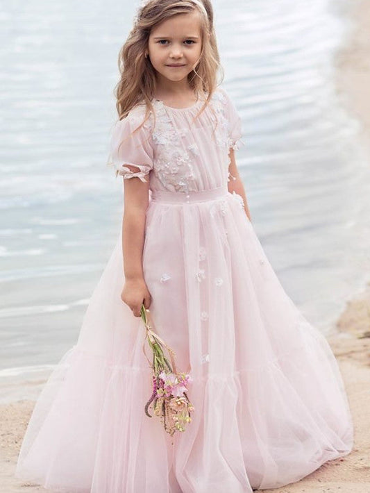 Half Sleeve A-Line Flower Girl Dress with Tulle and Appliques