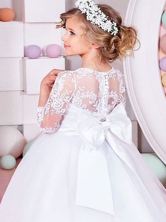 Half Sleeve Jewel Neck Flower Girl Dress with Lace Tulle Sash Ribbon Bow and Solid Color
