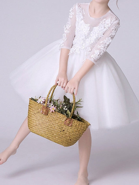 Half Sleeve Jewel Neck Knee Length Flower Girl Dress With Appliques