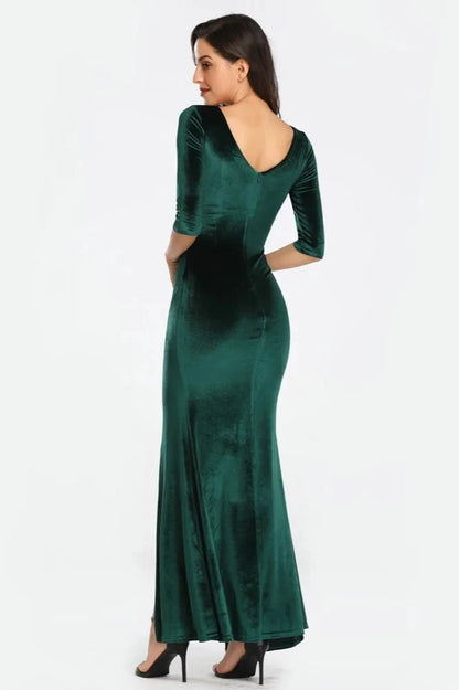 Half Sleeve Velvet Prom Dresses Long Split Evening Gowns