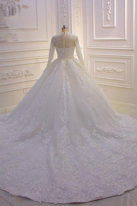 High-Neck Long Sleeve Ball Gown with Ruffles, Appliques, and Lace