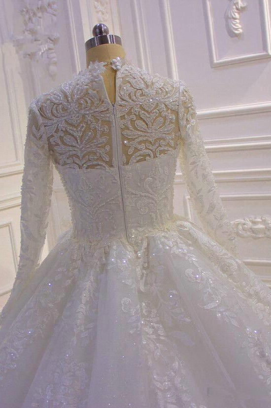 High-Neck Long Sleeve Ball Gown with Ruffles, Appliques, and Lace