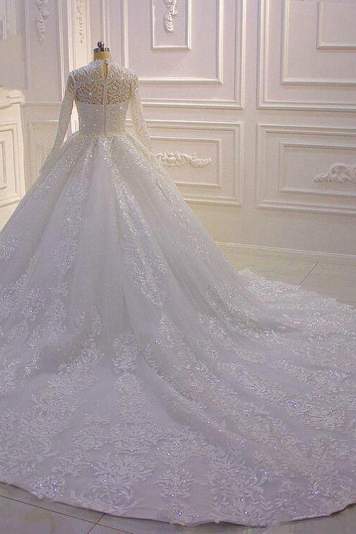 High-Neck Long Sleeve Ball Gown with Ruffles, Appliques, and Lace