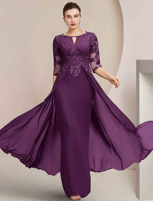 Aimishang Sheath / Column Mother of the Bride Dress Formal Wedding Guest Elegant Scoop Neck Floor Length Chiffon Lace Half Sleeve with Sequin Appliques