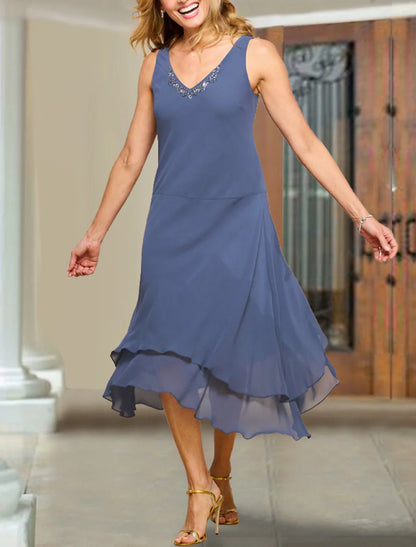 Two Piece A-Line Mother of the Bride Dress Wedding Guest Elegant Plus Size V Neck Tea Length Chiffon Short Sleeve Wrap Included Short Jacket Dresses with Beading Ruffles