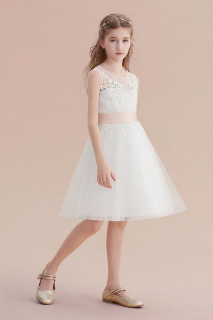 Illusion Appliques Tulle A-line Flower Girl Dress