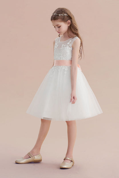 Illusion Appliques Tulle A-line Flower Girl Dress