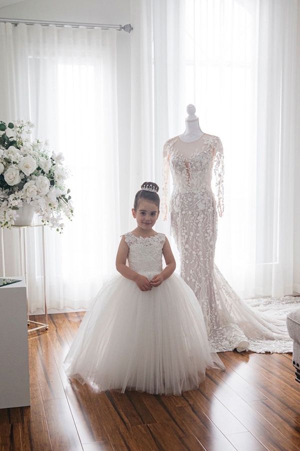 Ivory Jewel Sleeveless Flower Girl Dress with Tulle Appliques and Bow