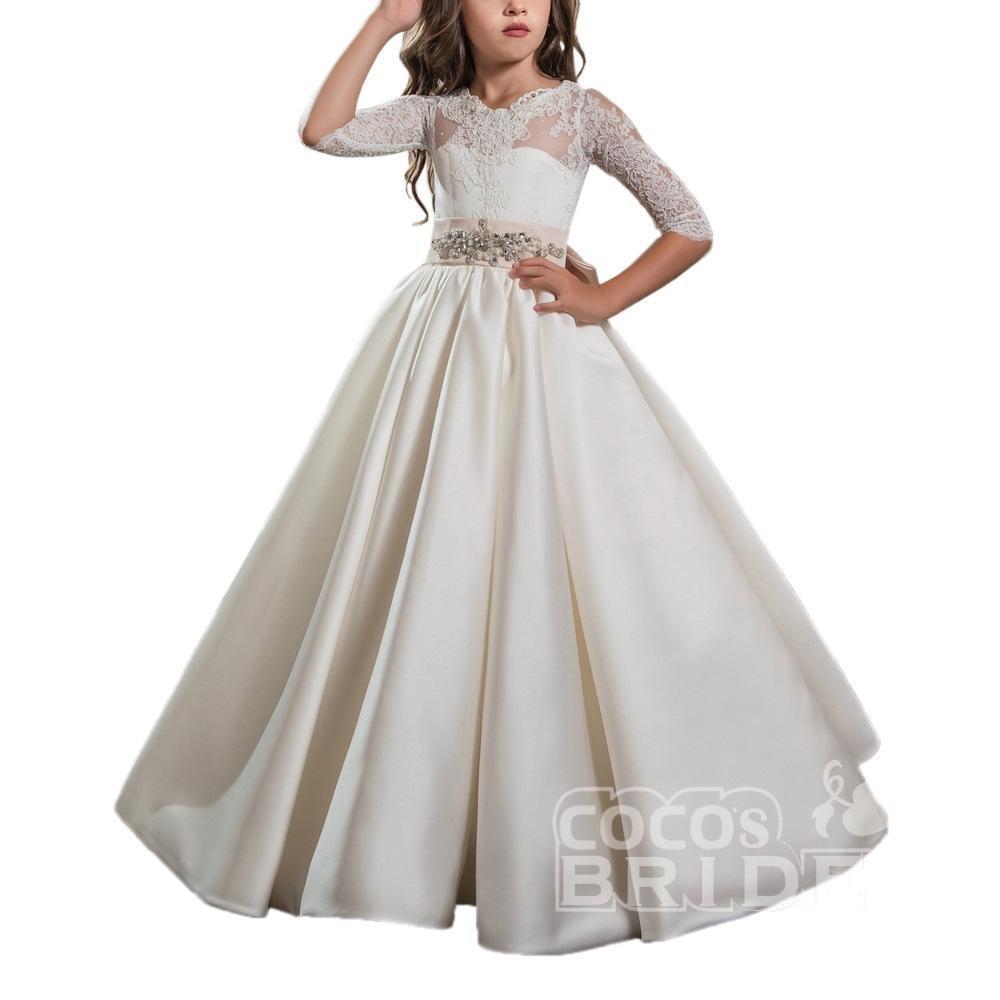 Ivory Long Sleeves Ball Gown Chiffon Lace Flower Girls Dress