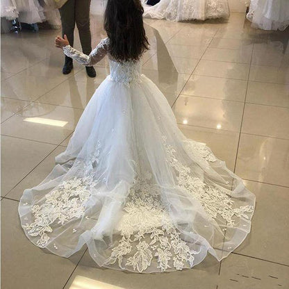 Jewel Long Sleeves A-line Flower Girl Dresses with Tulle Lace Appliques