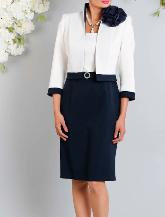 Two Piece Sheath / Column Mother of the Bride Dress Church Elegant Plus Size Jewel Neck Knee Length  Satin Short Sleeve Wrap Included Short Jacket Dresses with Flower Color Block