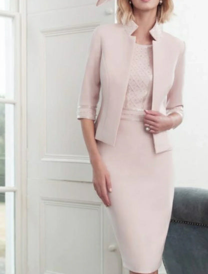 Sheath / Column Mother of the Bride Dress Wrap Included Jewel Neck Knee Length Polyester 3/4 Length Sleeve with Beading