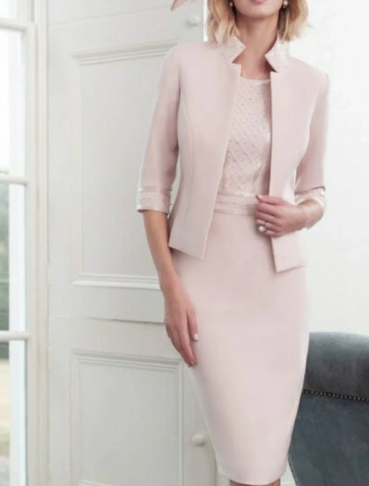 Sheath / Column Mother of the Bride Dress Wrap Included Jewel Neck Knee Length Polyester 3/4 Length Sleeve with Beading