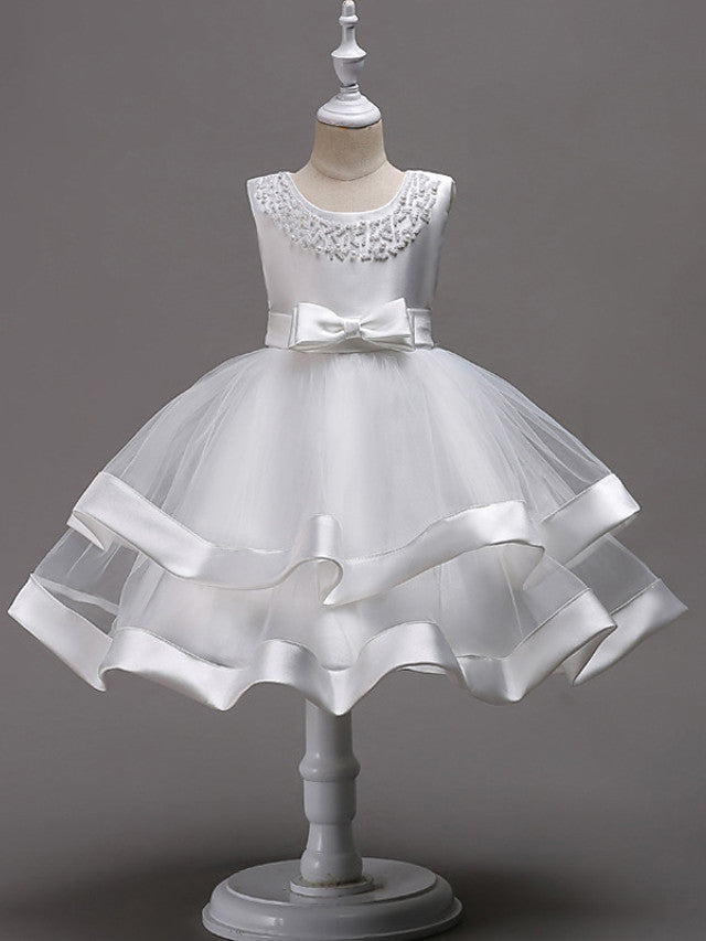 Knee Length Flower Girl Dresses With Faux Pearl Bow Beading