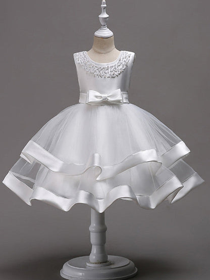 Knee Length Flower Girl Dresses With Faux Pearl Bow Beading