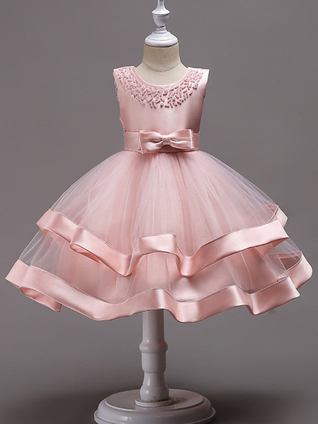 Knee Length Flower Girl Dresses With Faux Pearl Bow Beading