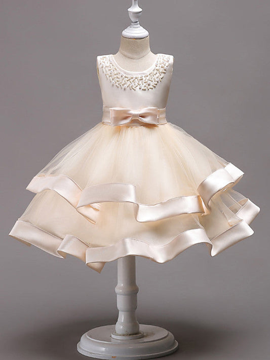 Knee Length Flower Girl Dresses With Faux Pearl Bow Beading