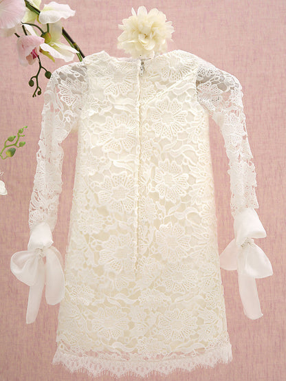 Knee Length Long Sleeve Column Flower Girl Dress with Lace Jewel Neck