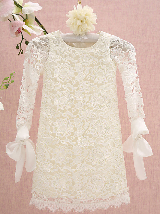 Knee Length Long Sleeve Column Flower Girl Dress with Lace Jewel Neck