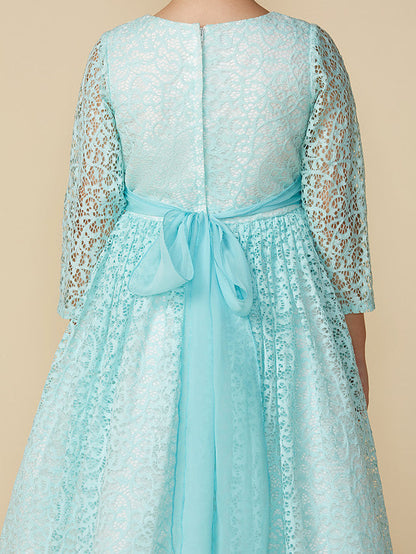 Lace 3/4 Length Sleeve A-Line Tea Length Party Dress with Sash Ribbon & Crystal Brooch