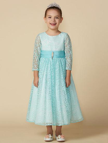 Lace 3/4 Length Sleeve A-Line Tea Length Party Dress with Sash Ribbon & Crystal Brooch