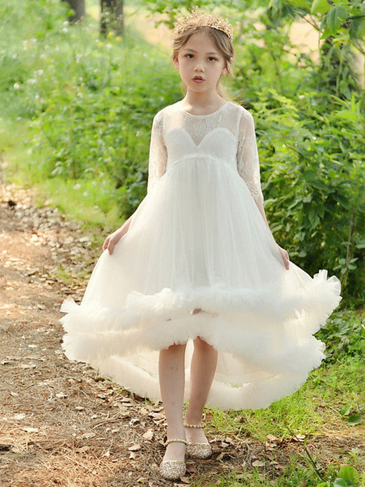 Lace 3/4 Length Sleeve Jewel Neck Ball Gown Flower Girl Dress