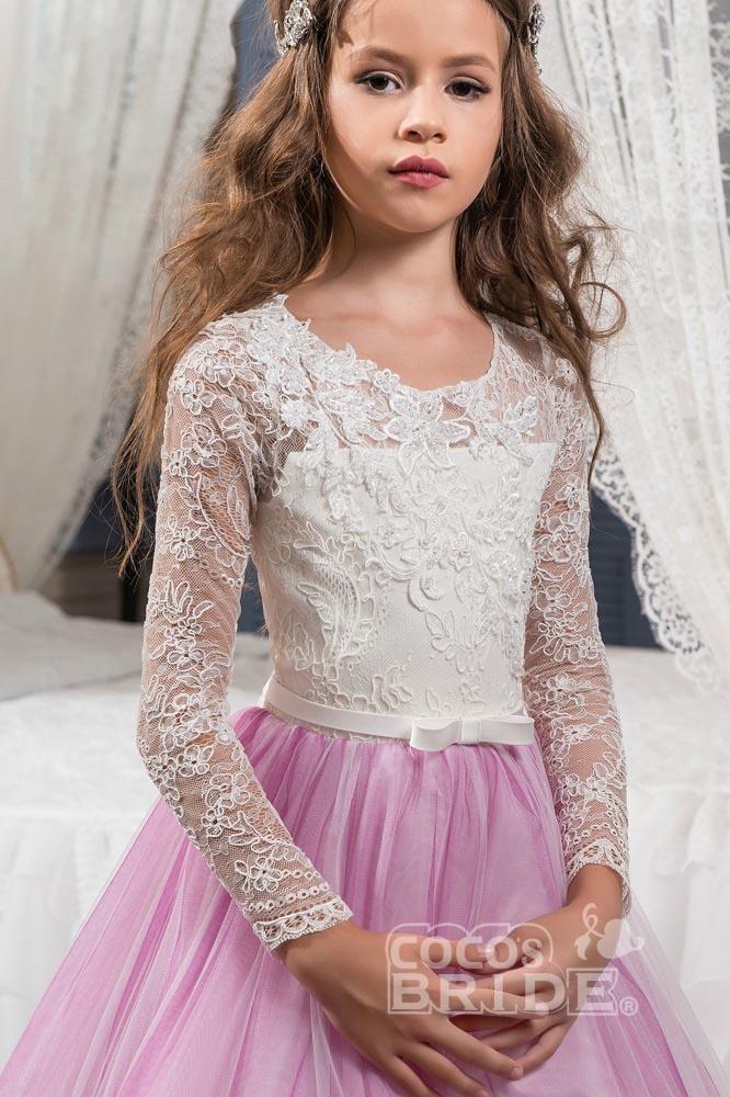 Lace Buttoned Scoop Neck Long Sleeve Ball Gown Flower Girl Dress