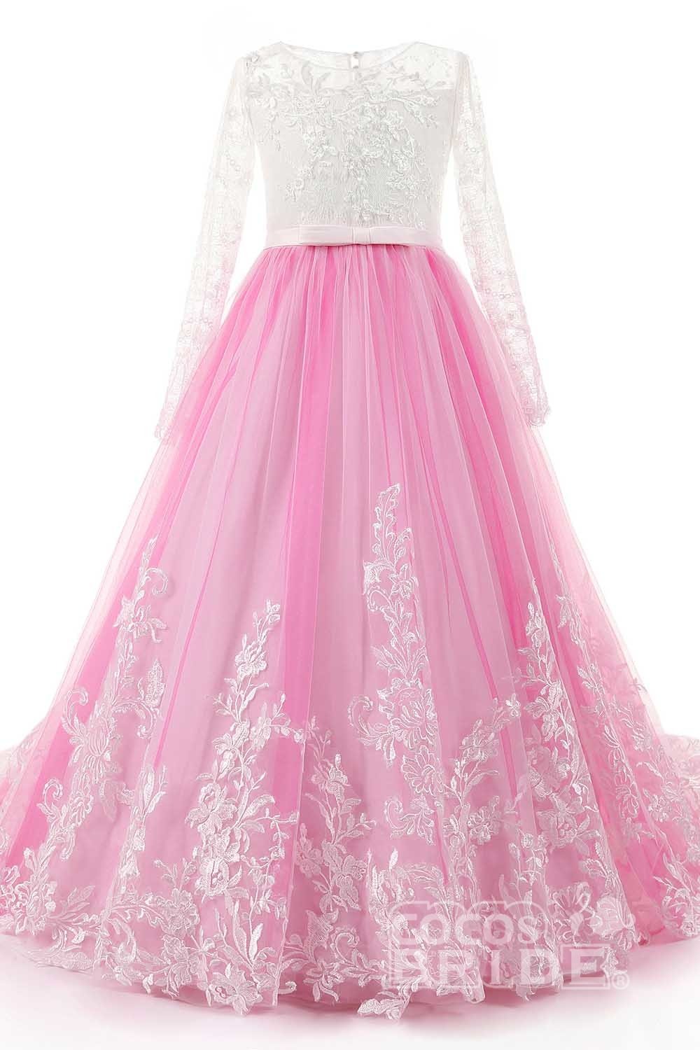 Lace Buttoned Scoop Neck Long Sleeve Ball Gown Flower Girl Dress