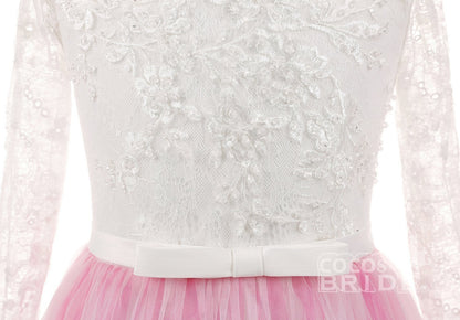 Lace Buttoned Scoop Neck Long Sleeve Ball Gown Flower Girl Dress