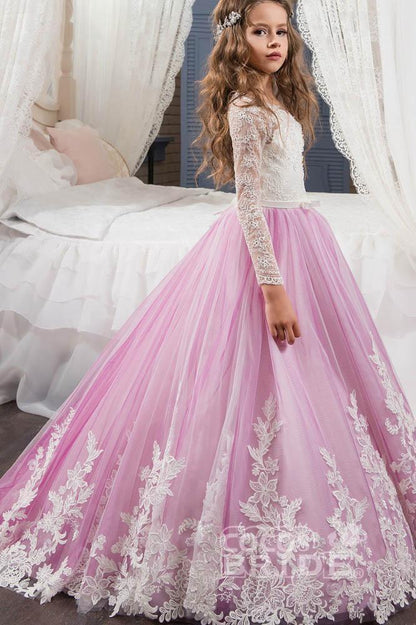 Lace Buttoned Scoop Neck Long Sleeve Ball Gown Flower Girl Dress