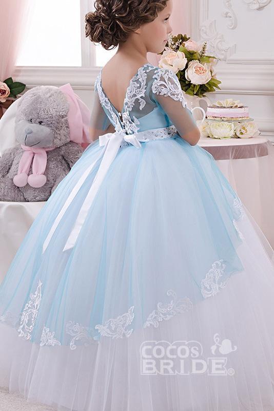 Lace Buttons Scoop Neck 1/2 Sleeve Ball Gown Flower Girls Dress