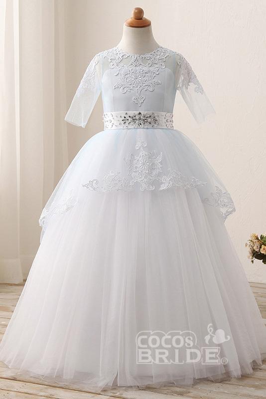 Lace Buttons Scoop Neck 1/2 Sleeve Ball Gown Flower Girls Dress