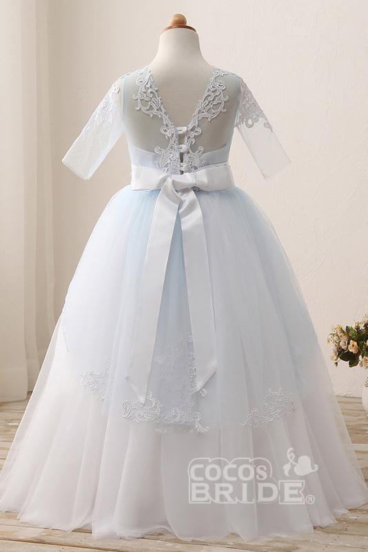 Lace Buttons Scoop Neck 1/2 Sleeve Ball Gown Flower Girls Dress