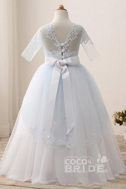 Lace Buttons Scoop Neck 1/2 Sleeve Ball Gown Flower Girls Dress