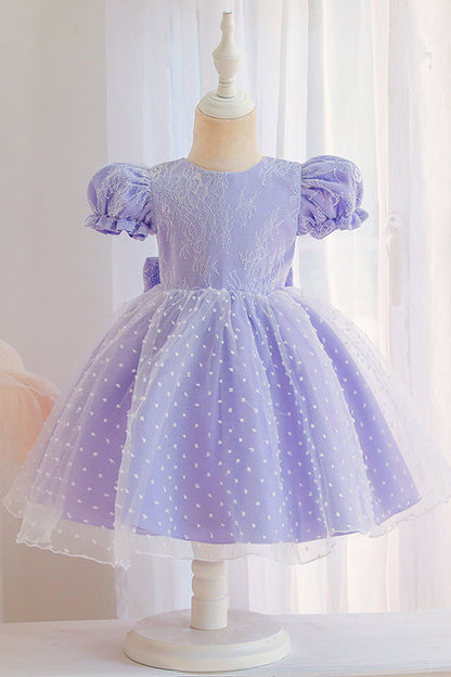 Lace Pink Short Sleeve Jewel Flower Girl Dress with Appliques