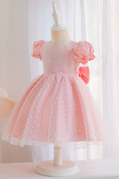 Lace Pink Short Sleeve Jewel Flower Girl Dress with Appliques