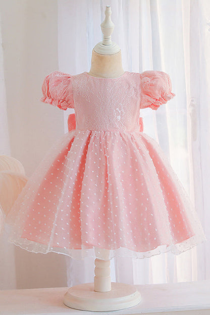 Lace Pink Short Sleeve Jewel Flower Girl Dress with Appliques