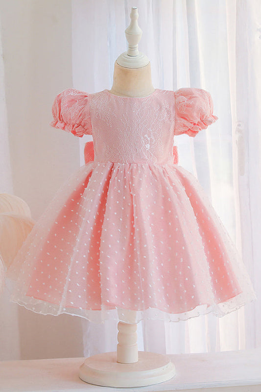 Lace Pink Short Sleeve Jewel Flower Girl Dress with Appliques