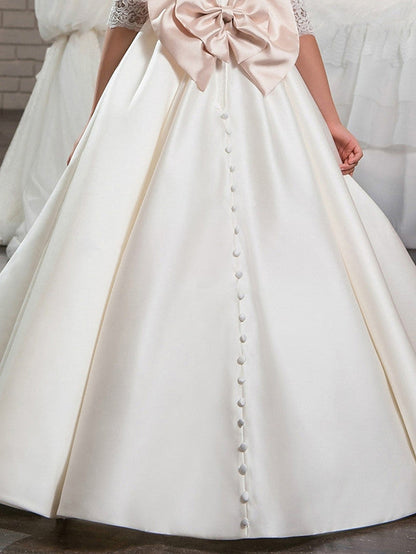 Lace Satin Half Sleeve V Neck Ball Gown Flower Girl Dress With Beading Appliques Crystals & Rhinestones