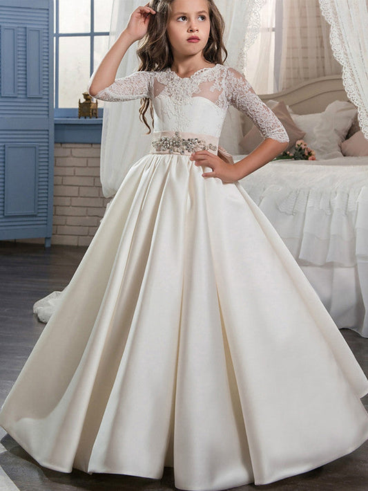 Lace Satin Half Sleeve V Neck Ball Gown Flower Girl Dress With Beading Appliques Crystals & Rhinestones