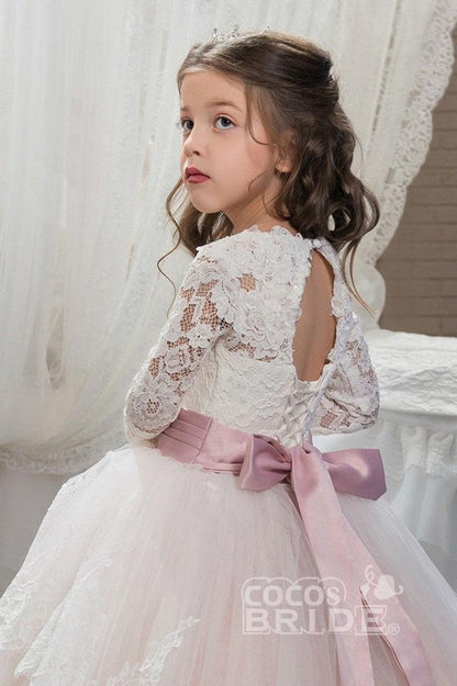 Lace-Trimmed Purple Ball Gown for Girls with Long Sleeves & Scoop Neck