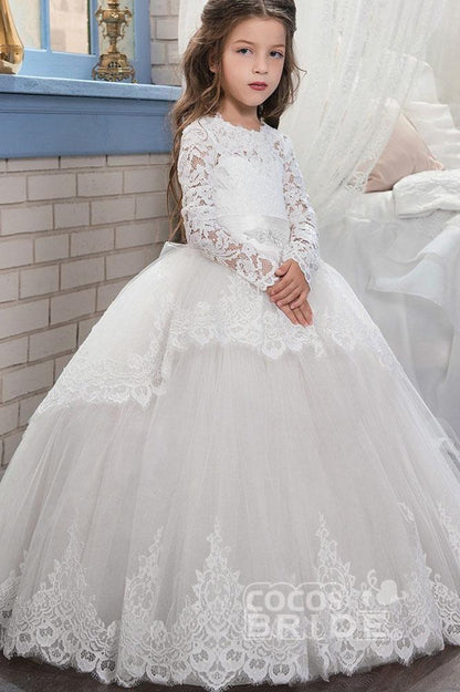 Lace-Trimmed Purple Ball Gown for Girls with Long Sleeves & Scoop Neck