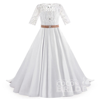 Lace Trumpet Flower Girls Dress with 1/2 Sleeves White Scoop Neck