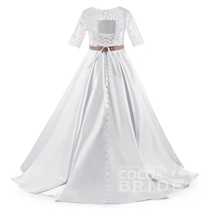 Lace Trumpet Flower Girls Dress with 1/2 Sleeves White Scoop Neck