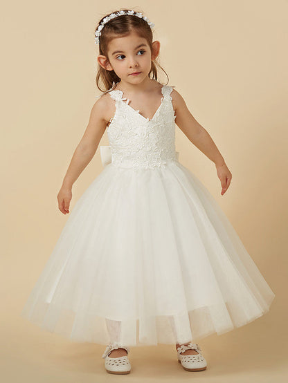 Lace Tulle A-Line Flower Girl Dress with Sleeveless V-Neck & Bow