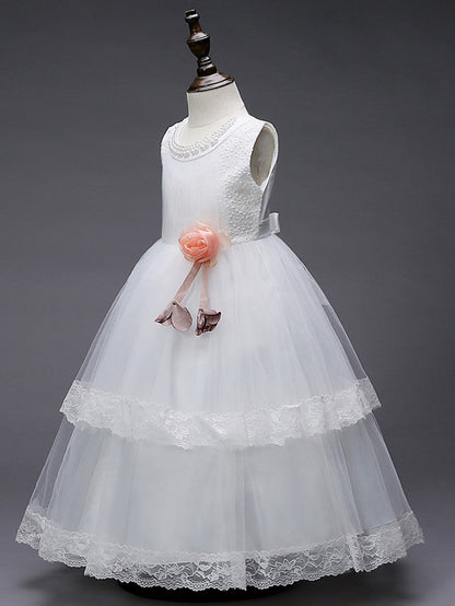Lace Tulle Polyester Sleeveless Jewel Floor Length Flower Girl Dress With Pearls and Appliques