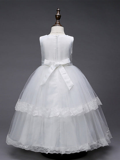 Lace Tulle Polyester Sleeveless Jewel Floor Length Flower Girl Dress With Pearls and Appliques