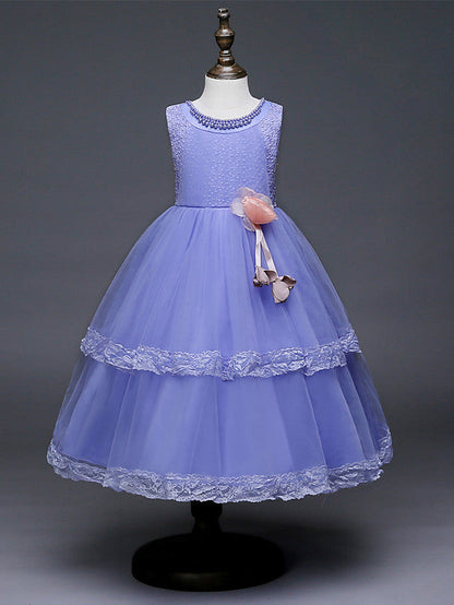 Lace Tulle Polyester Sleeveless Jewel Floor Length Flower Girl Dress With Pearls and Appliques