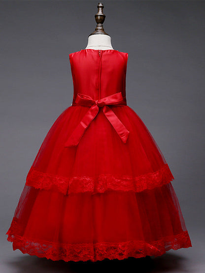 Lace Tulle Polyester Sleeveless Jewel Floor Length Flower Girl Dress With Pearls and Appliques